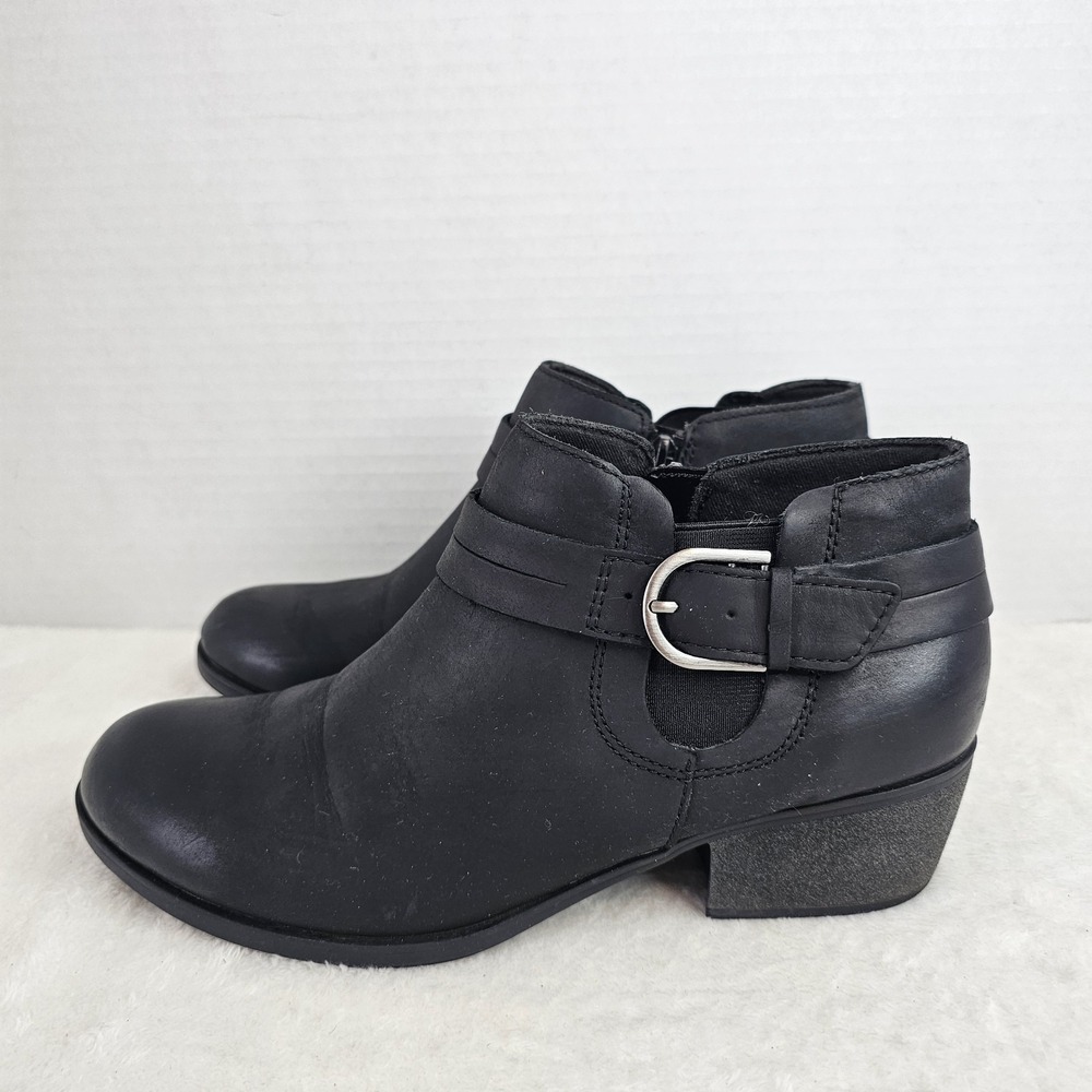 Clarks Collection Boots Womens 9M Side Zip Block Heel Ankle Bootie Black Leather